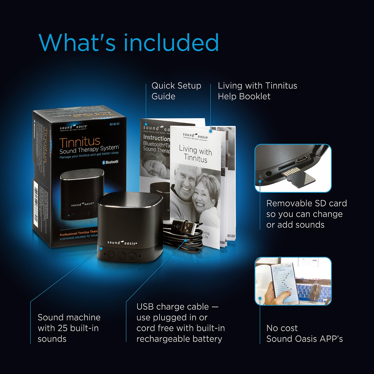 Sound Oasis batterie rechargeable pour sessions prolongées.