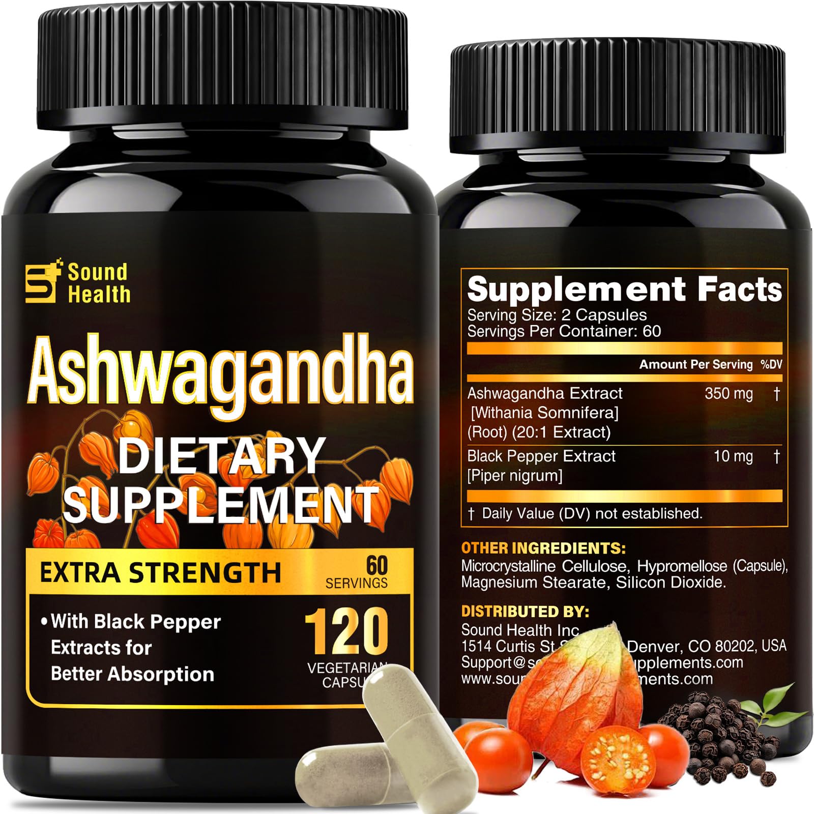 SoundHealth Ashwagandha – flacon de 120 capsules, pratique au quotidien.