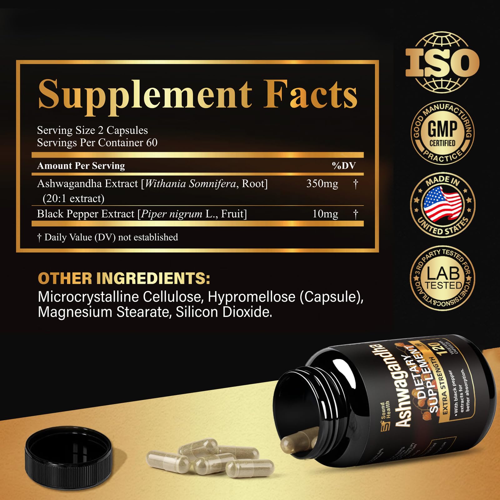 Capsules SoundHealth Ashwagandha prêtes à avaler, soutien potentiel pour le quotidien.