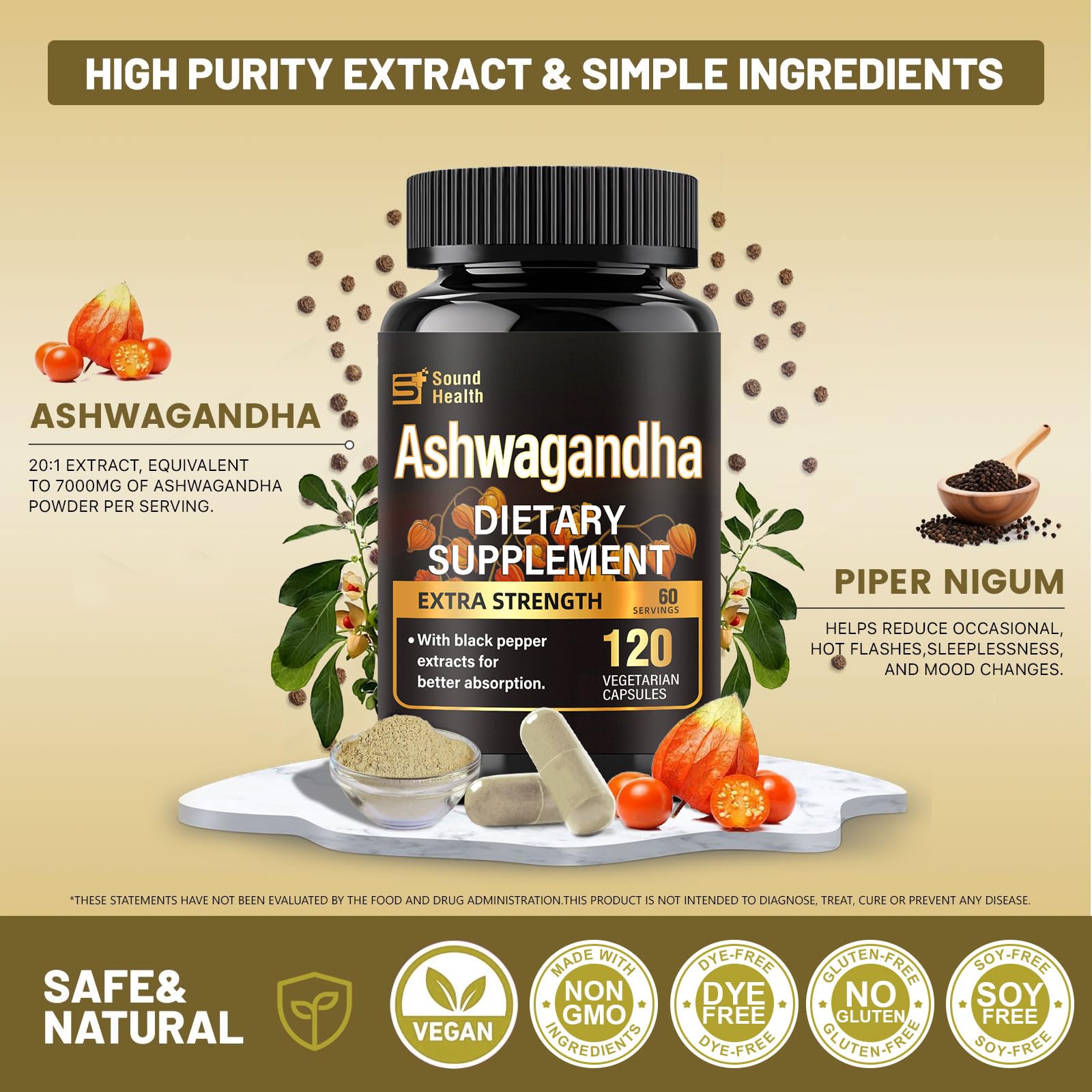 Formulation sans OGM et sans additifs artificiels dans SoundHealth Ashwagandha.