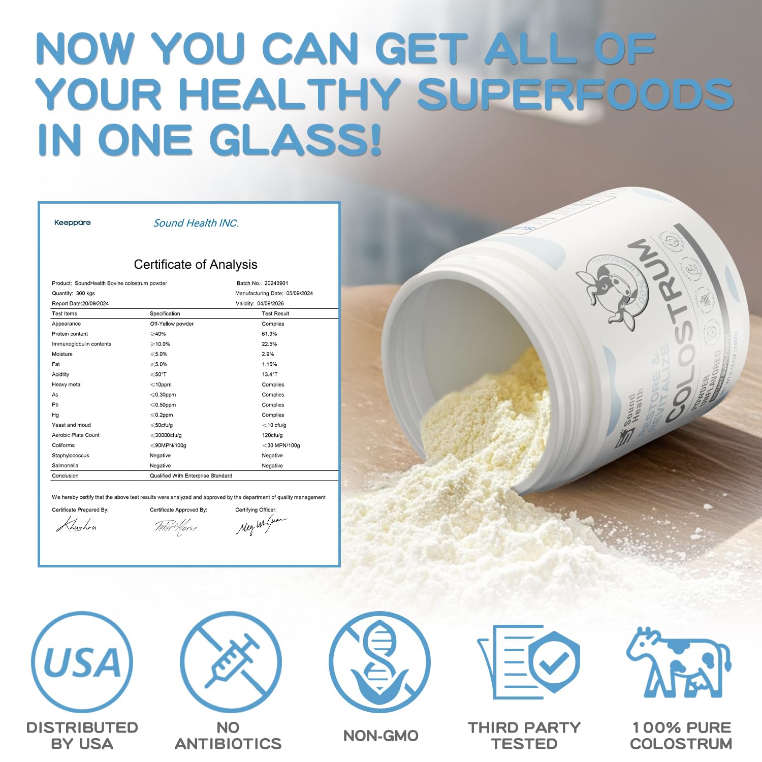 SoundHealth Colostrum, poudre usage quotidien, facile à intégrer dans votre boisson