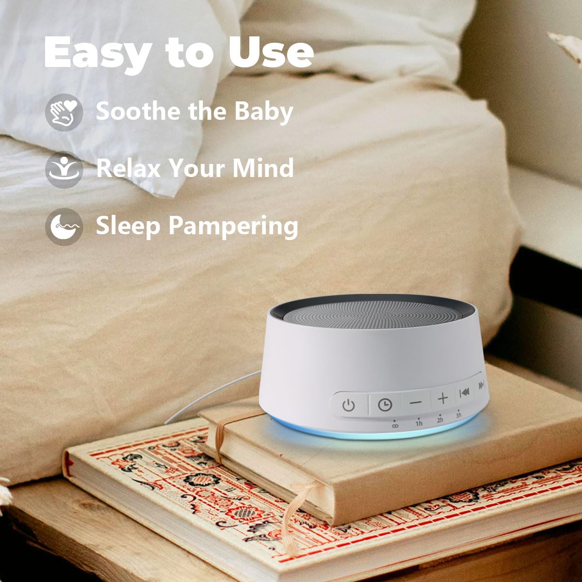 SoundMe: usage nocturne bébé et famille, lumière douce et bruits apaisants.