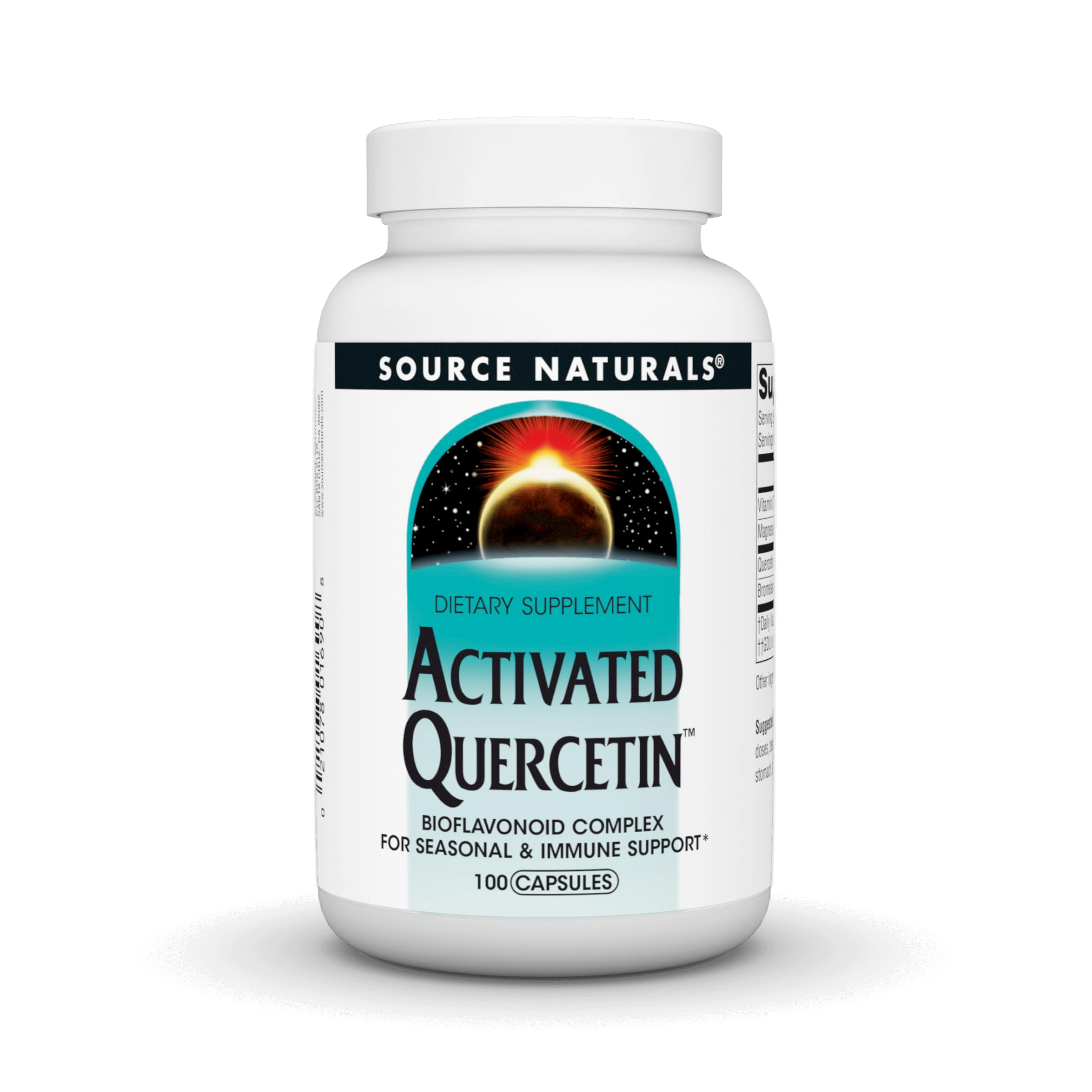 Source Naturals Activated Quercetin: bouteille montrant des capsules pour le soutien saisonnier.