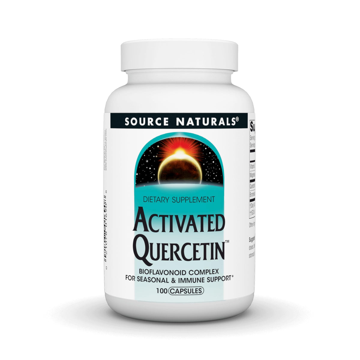 Source Naturals Activated Quercetin: bouteille montrant des capsules pour le soutien saisonnier.