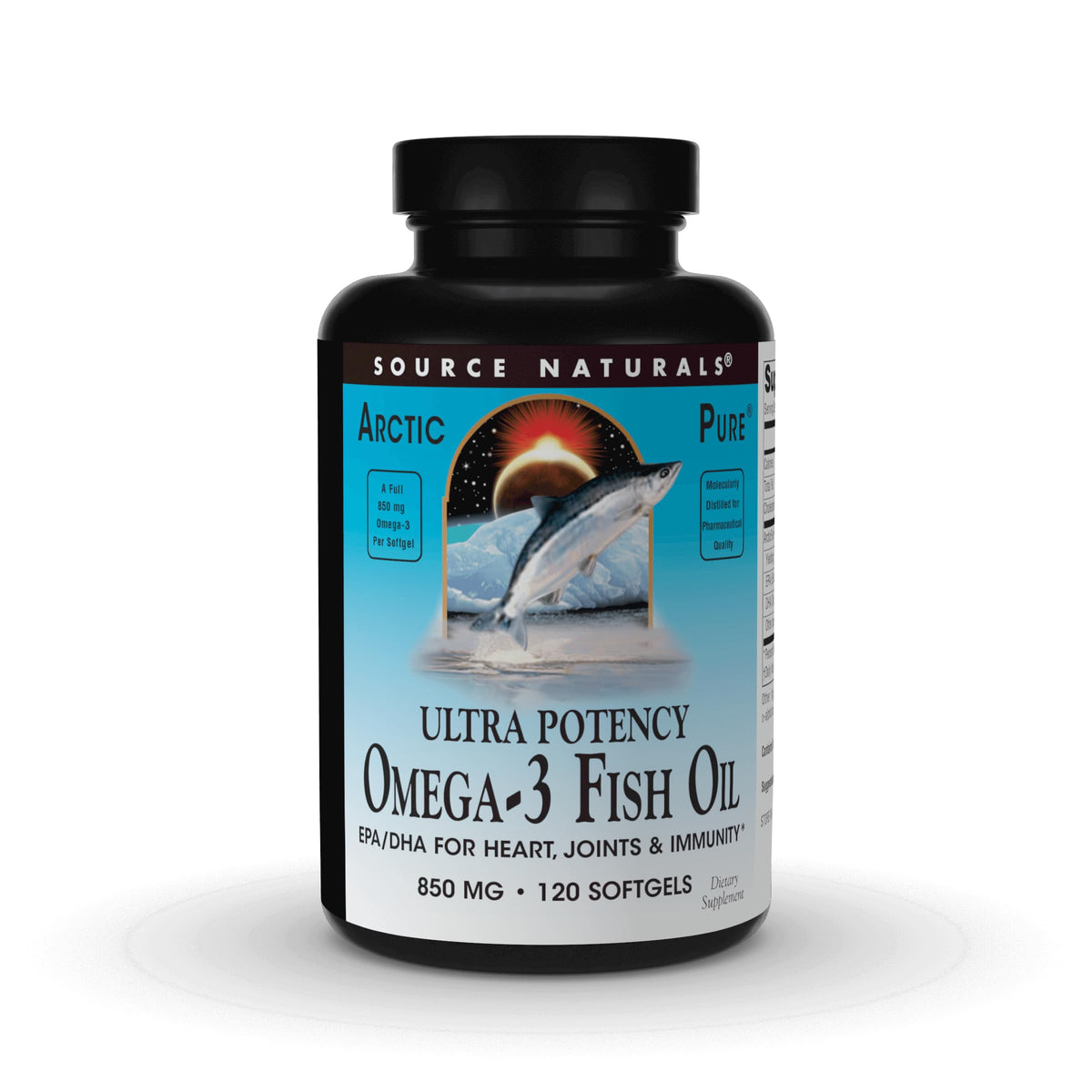 Source Naturals ArcticPure Omega-3, bouteille et gélules pratiques pour l'apport quotidien.