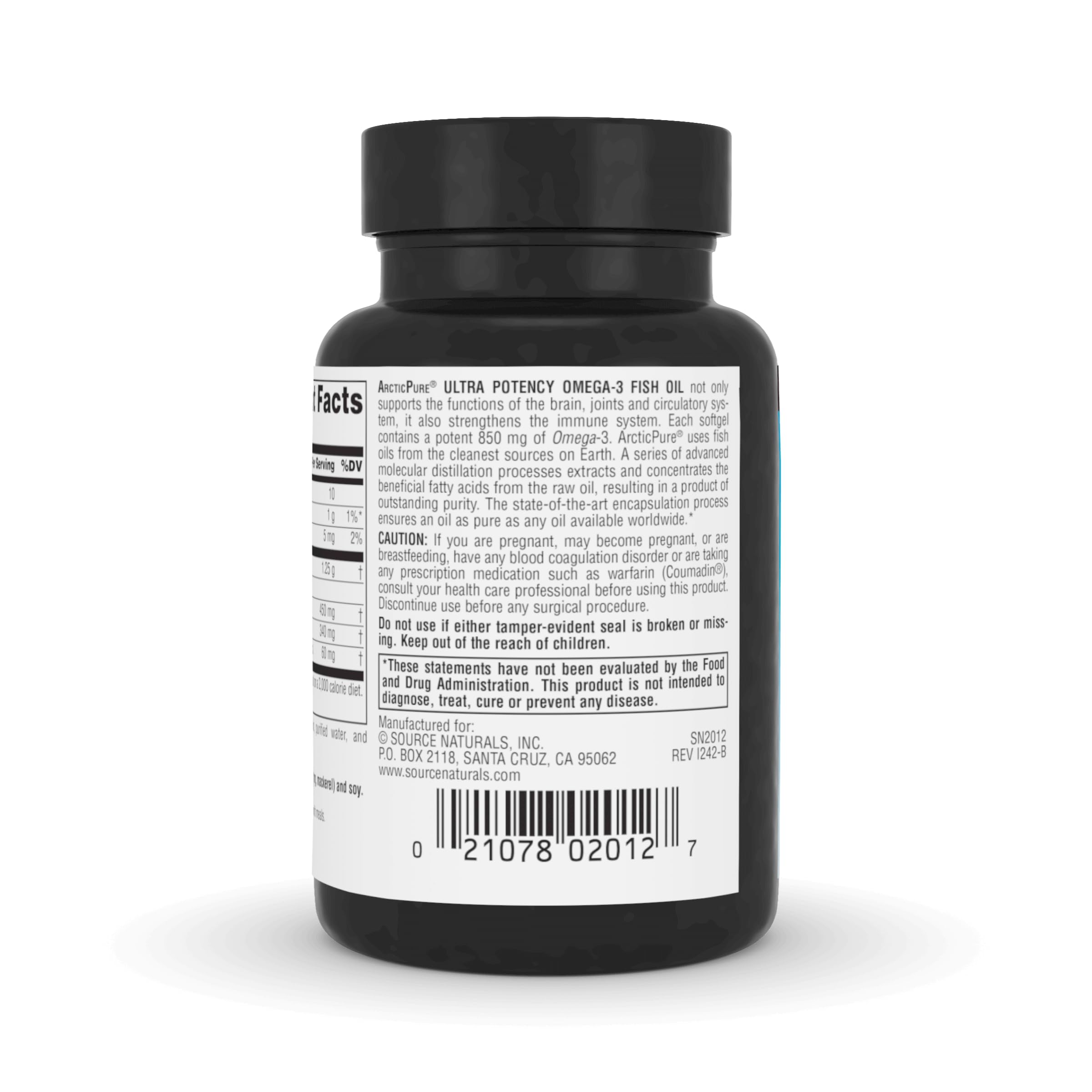 Source Naturals ArcticPure Omega-3, étiquette détaillée indiquant les allergènes poisson et soja.