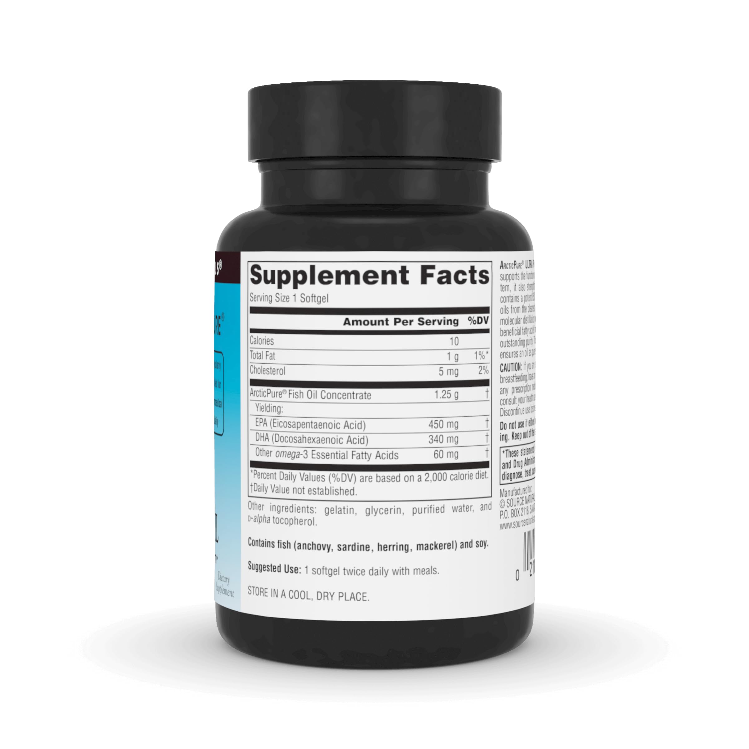 Source Naturals ArcticPure Oméga-3, flacon et étiquetage informatif.