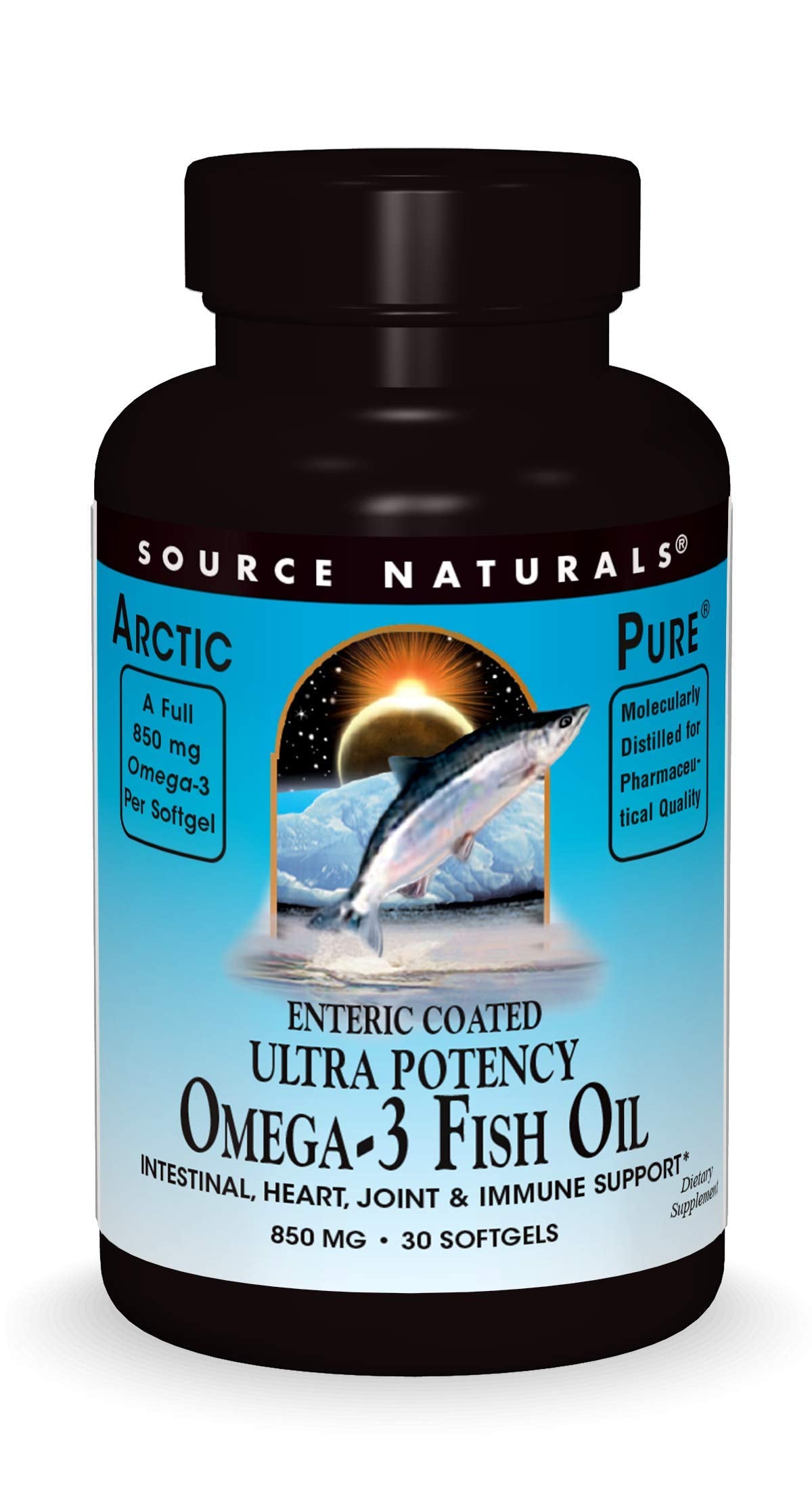 Source Naturals ArcticPure Omega3 en bouteille, enrobage entérique potentiellement absorbant.
