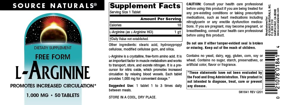 Source Naturals L-Arginine, comprimés sans sucre et additifs superflus.