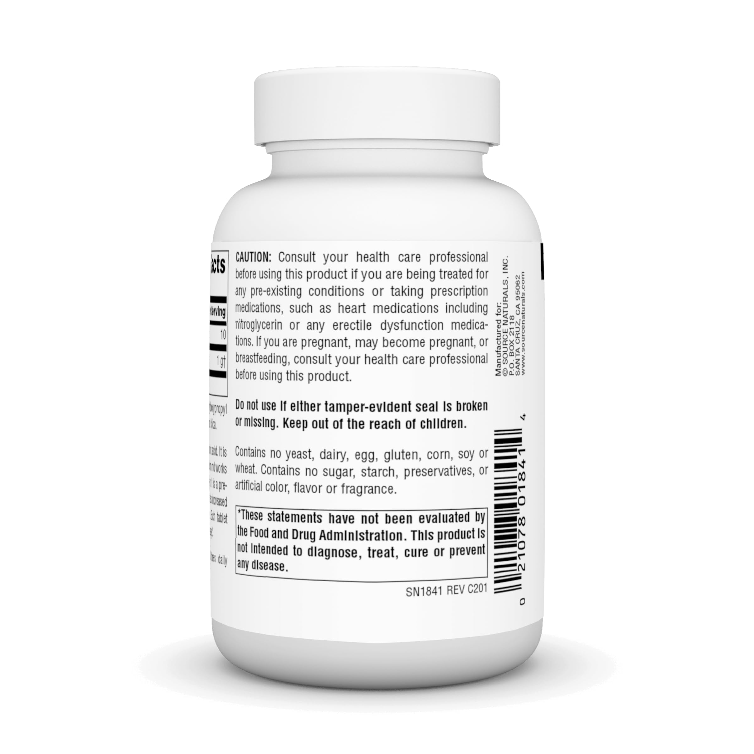 Source Naturals L-Arginine, flacon sans allergènes, composition adaptée.