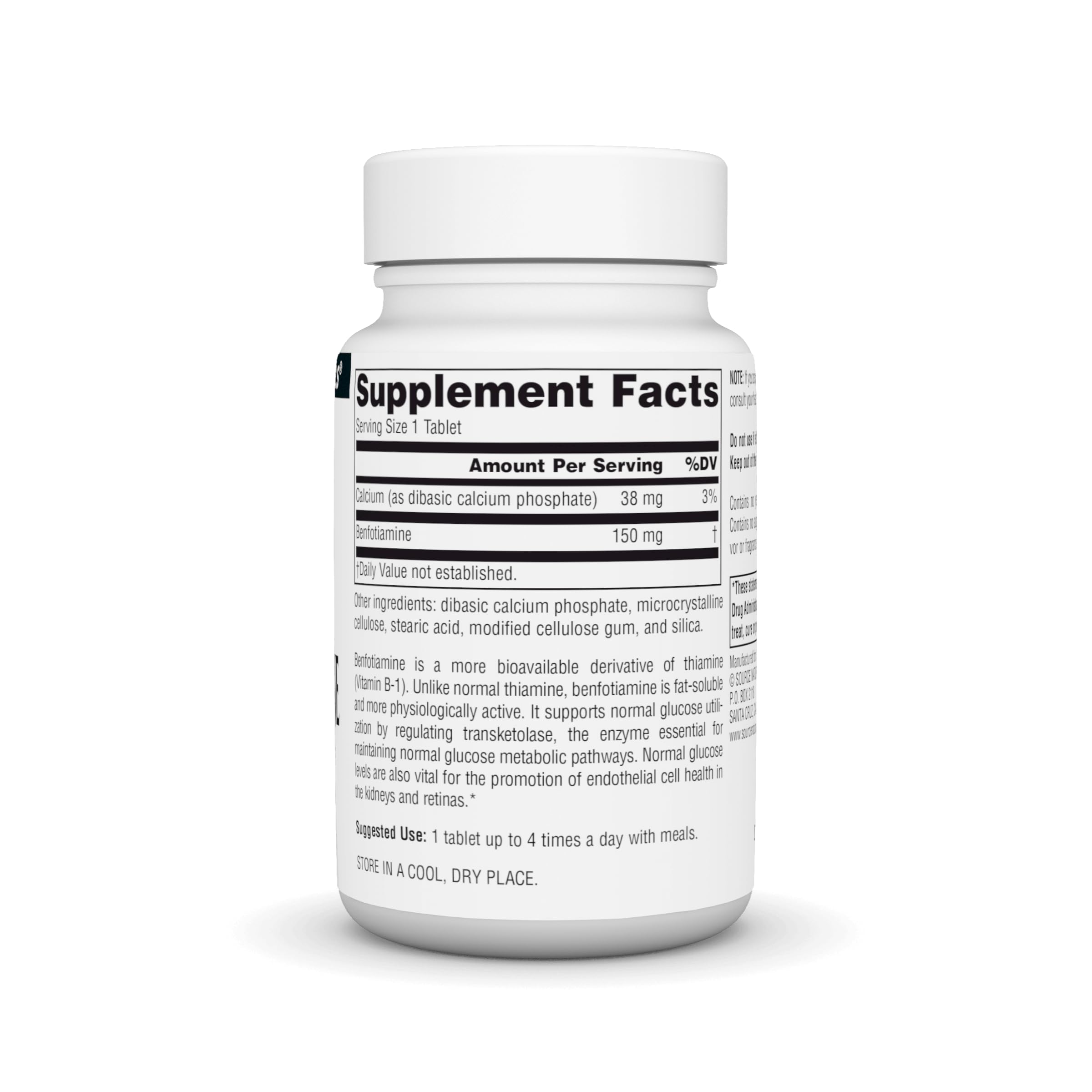Source Naturals Benfotiamine - Prise quotidienne avec repas, intégration facile dans une routine santé.