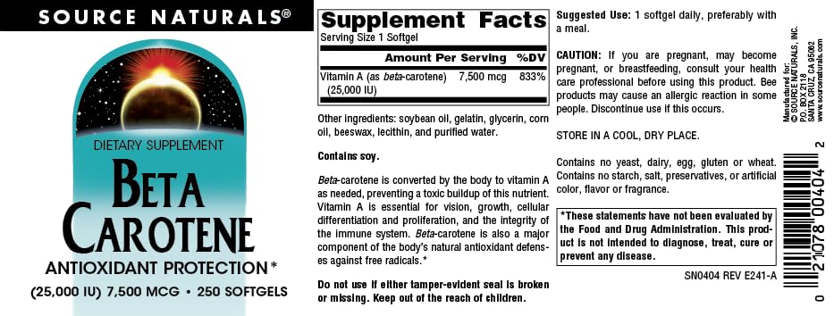 Source Naturals Beta Carotene, dose quotidienne recommandée avec repas.