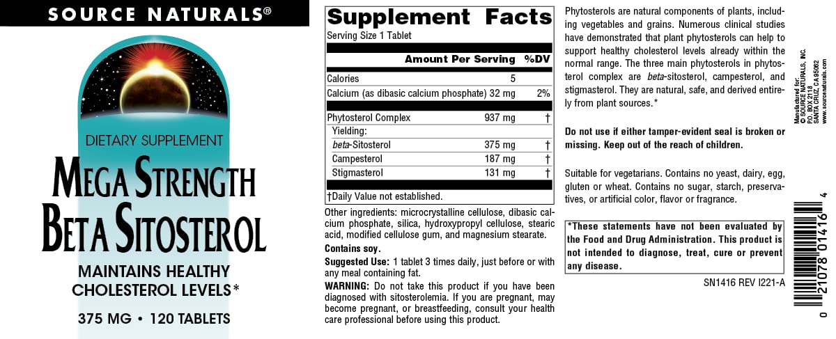 Source Naturals Beta Sitosterol 375 mg – à prendre avant les repas pour une meilleure absorption.