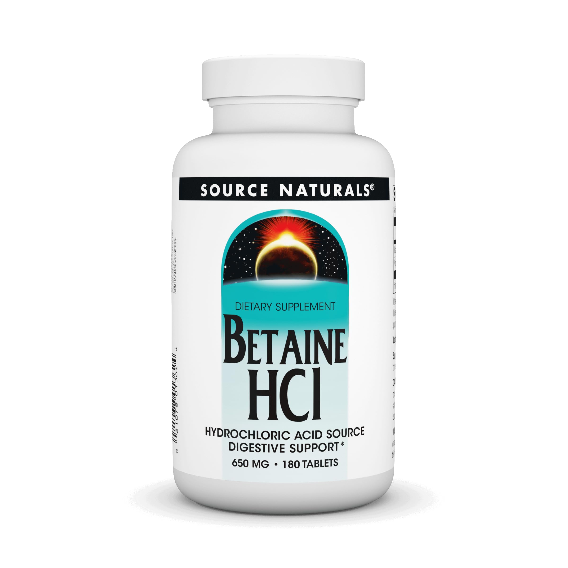 Source Naturals Betaine HCl, bouteille de 180 comprimés prête pour les repas.