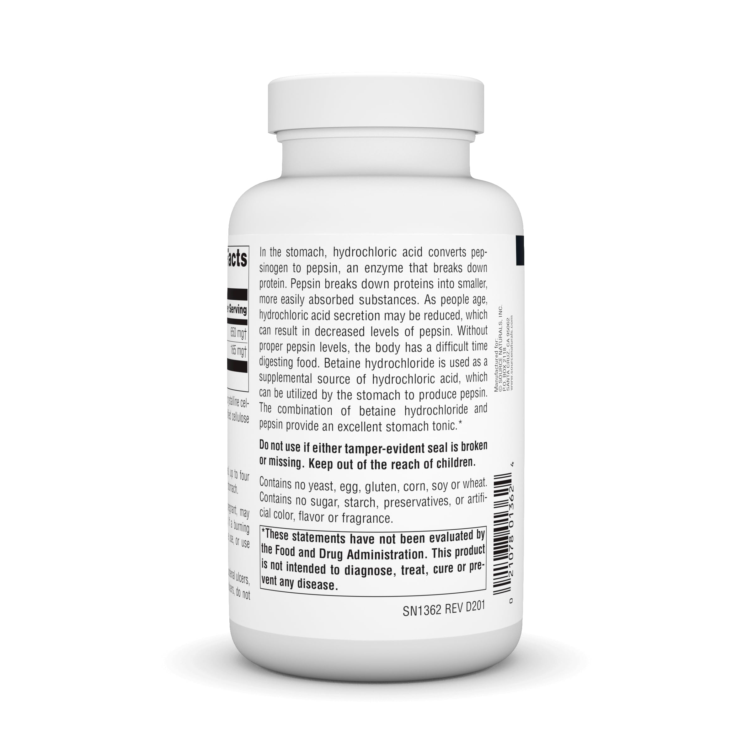 Étiquette sans allergènes de Source Naturals Betaine HCl pour personnes sensibles.