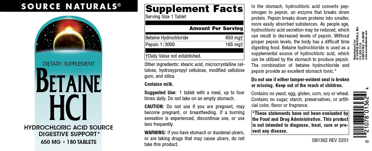 Mode d’emploi sur l’emballage Betaine HCl Source Naturals et dosage suggéré avec repas.