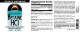 Mode d’emploi sur l’emballage Betaine HCl Source Naturals et dosage suggéré avec repas.