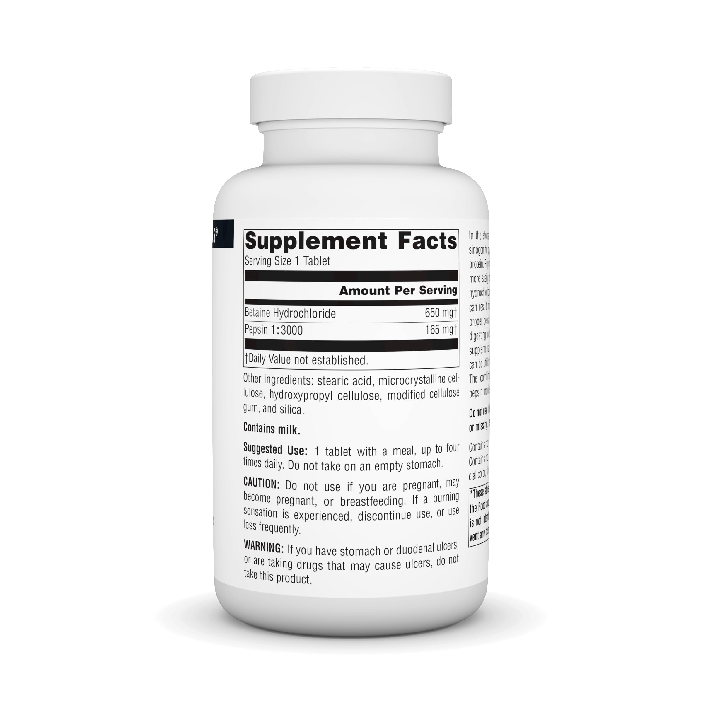Tablettes Betaine HCl Source Naturals en gros plan pour prise avec les repas.