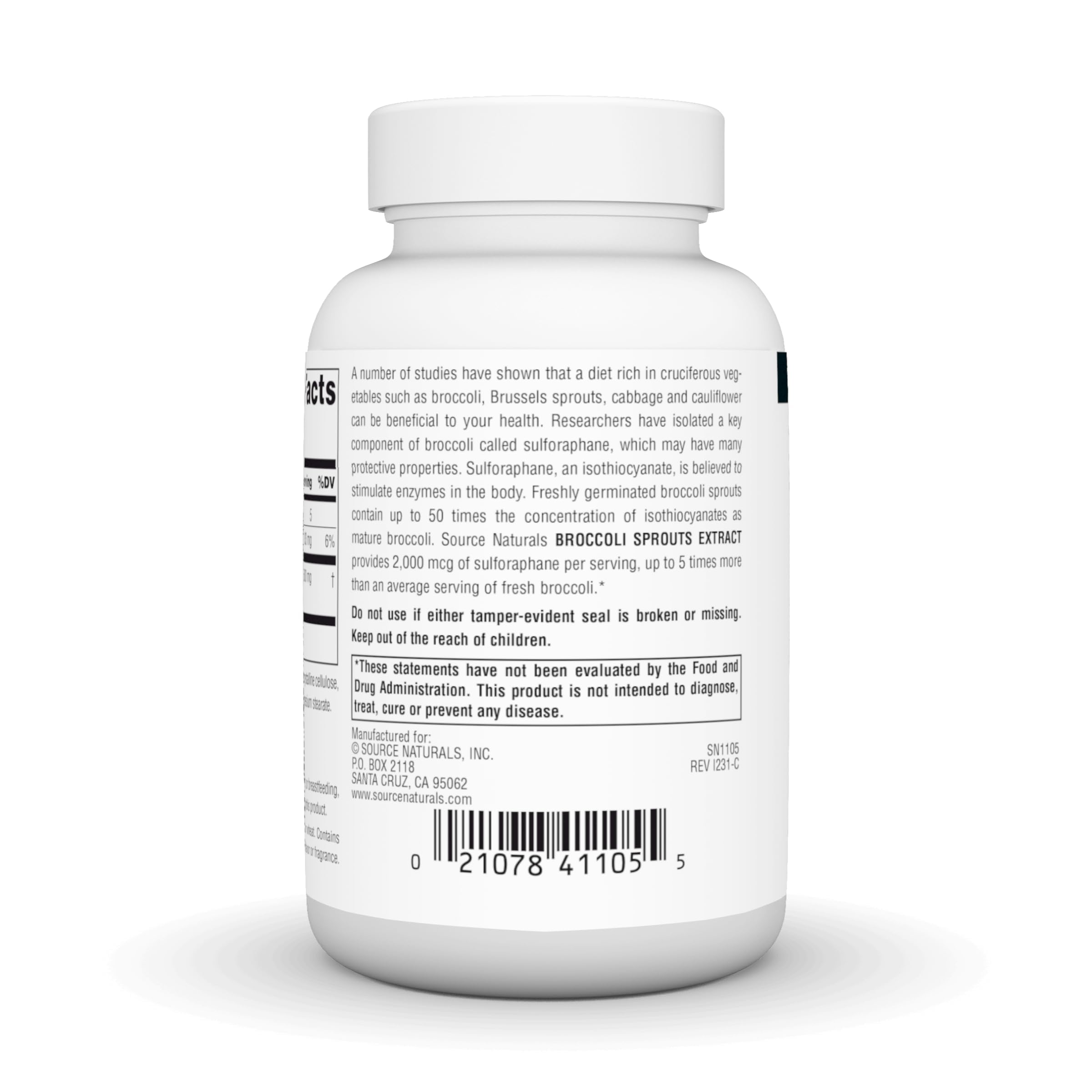 Étiquette Source Naturals Extrait de germes de brocoli, informations claires sur le dosage