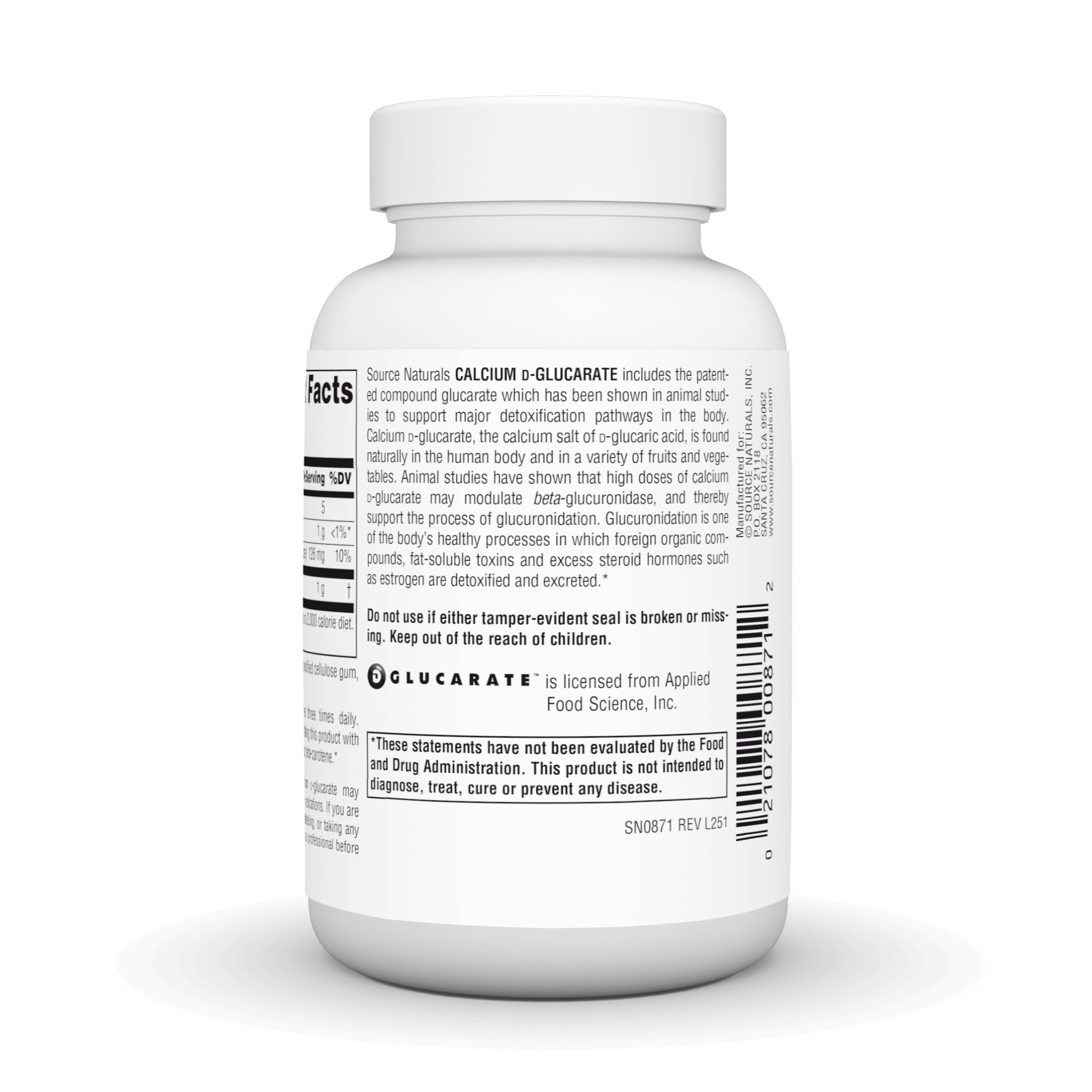 Tablettes Source Naturals Calcium D-Glucarate: prise avec repas pour une routine stable.