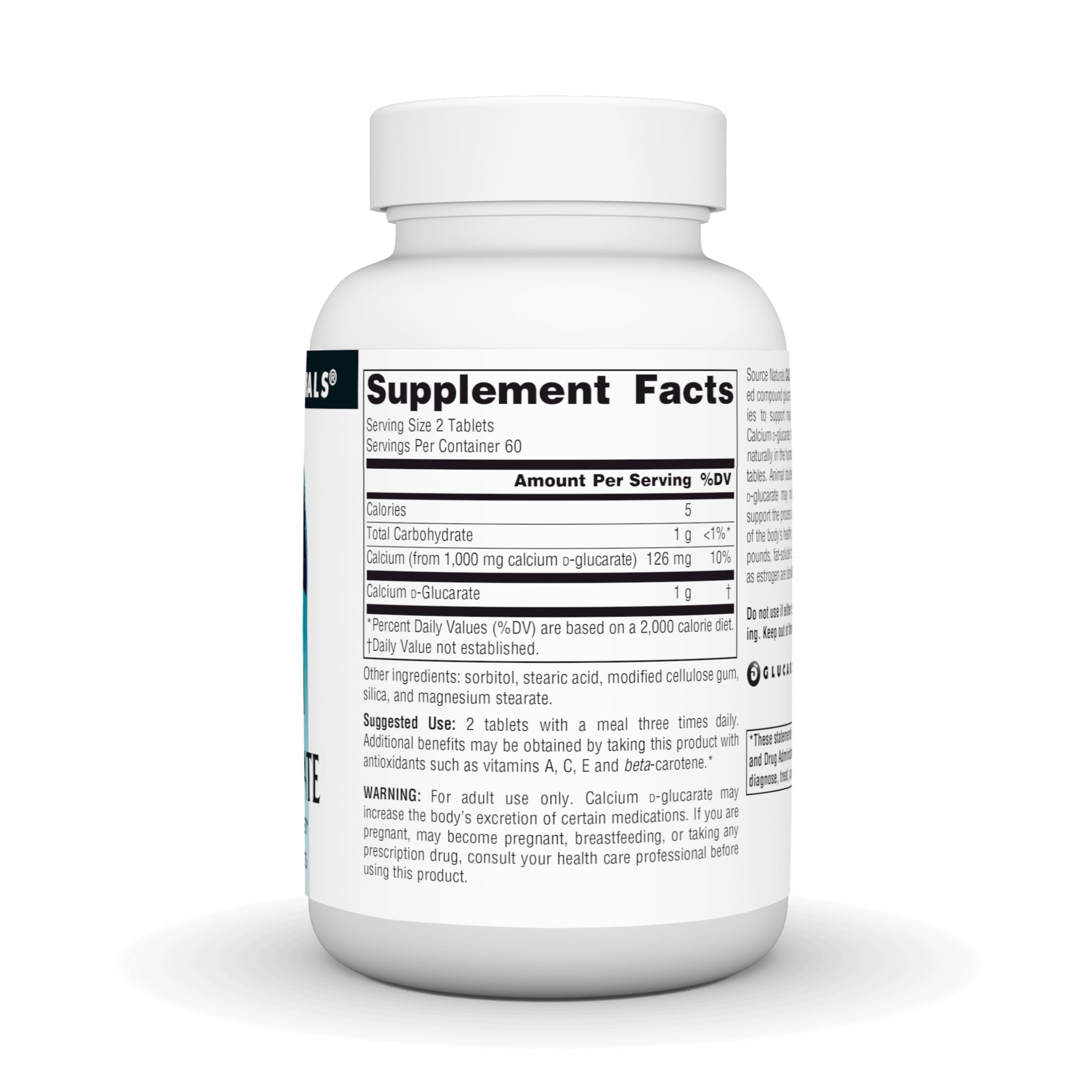 Étiquette Source Naturals Calcium D-Glucarate: informations claires et dosage conseillé.