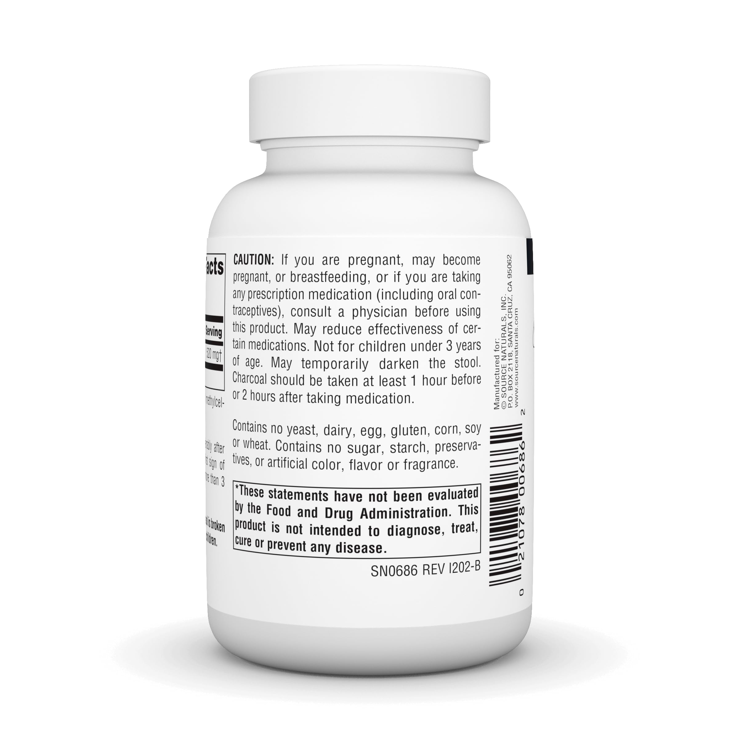 Source Naturals Charbon Actif – capsules visibles pour ingestion aisée.