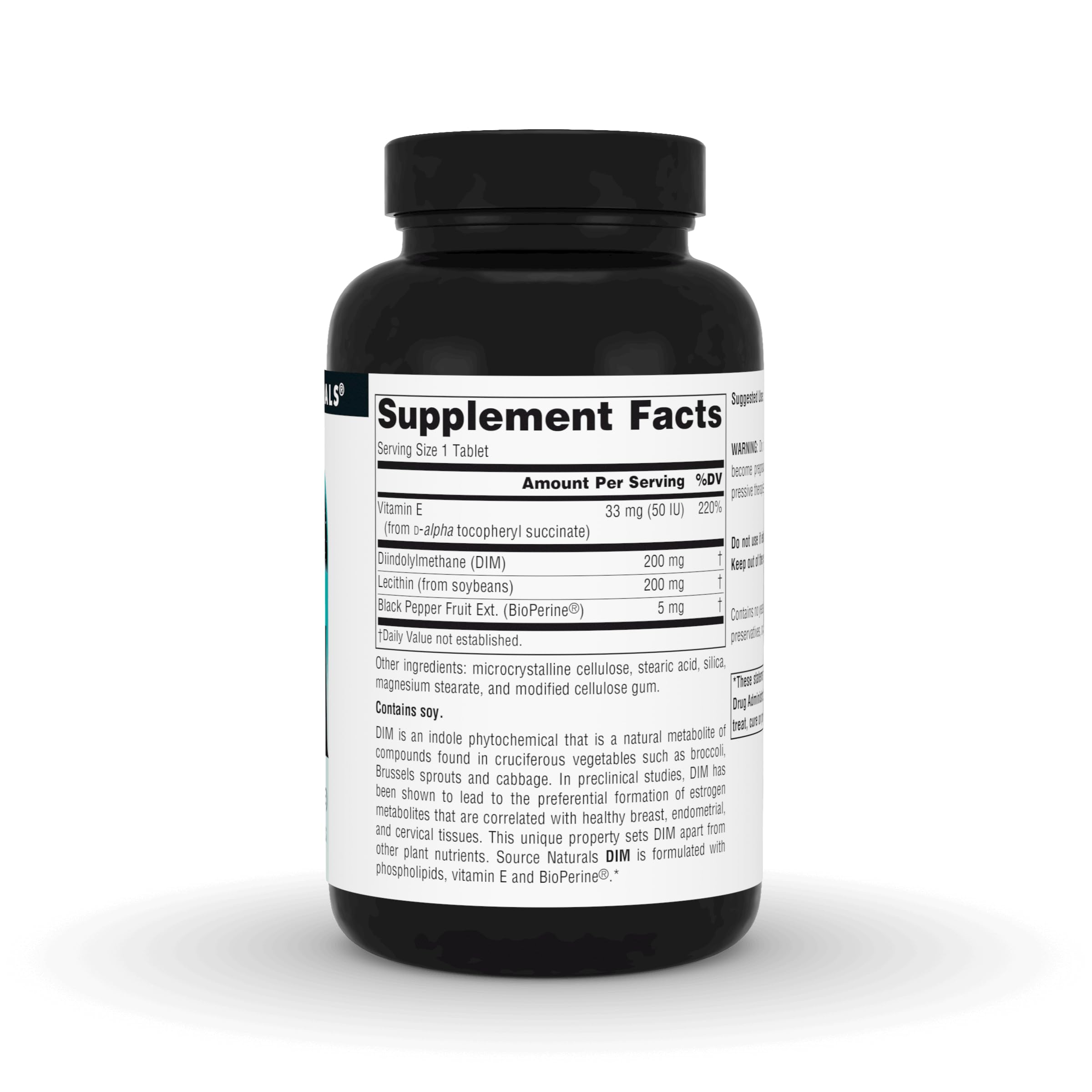 Source Naturals DIM – étiquette et logo, informations claires sur l'origine et les ingrédients.
