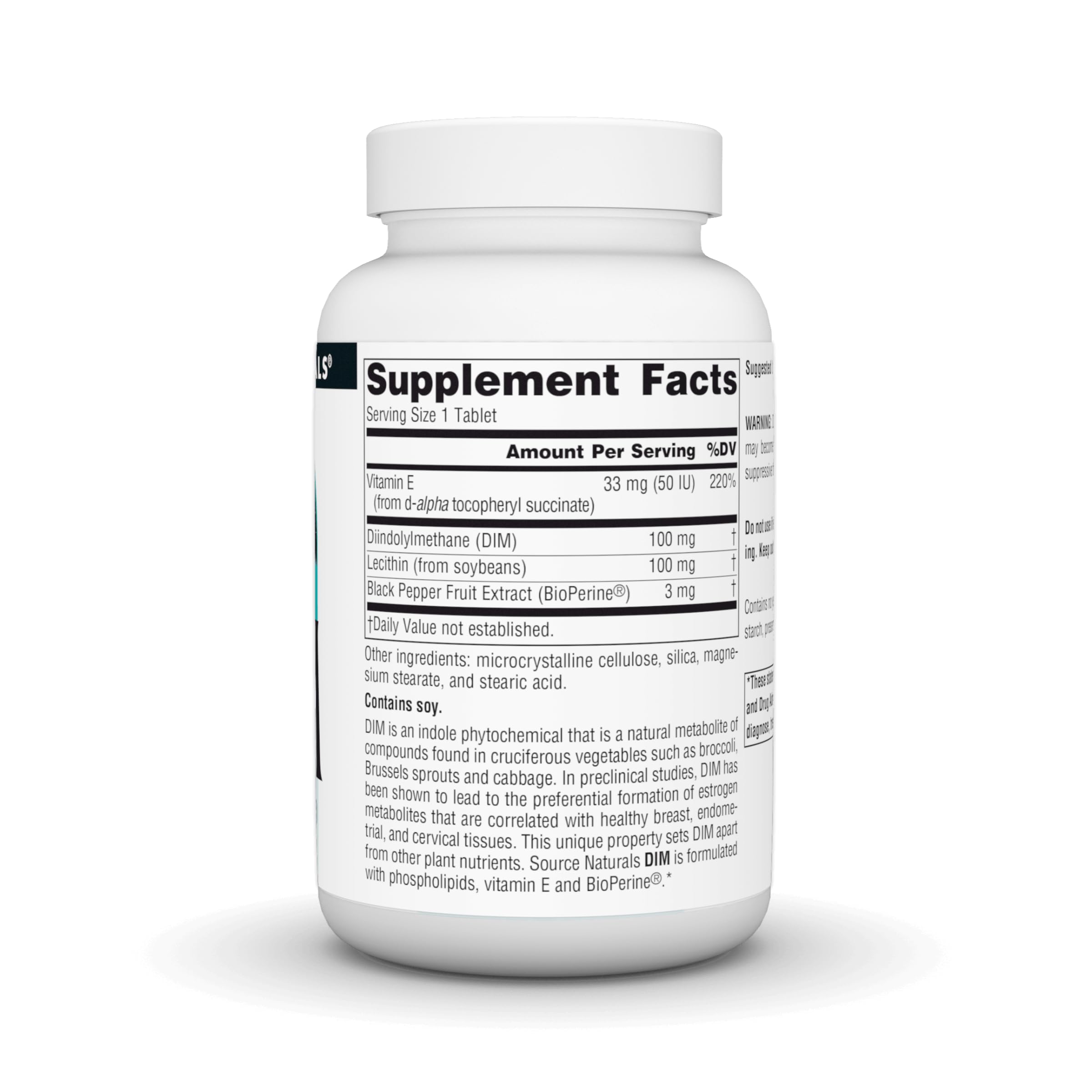 Source Naturals DIM, capot fermé — emballage sûr et transport facilité.