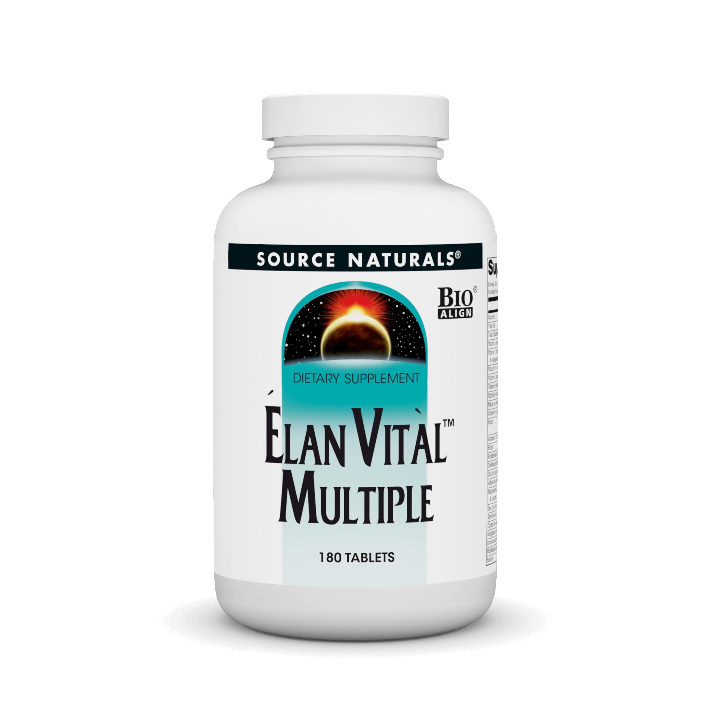 Source Naturals Elan Vital Multiple – bouteille intimiste montrant le flacon et les comprimés, soutien énergie