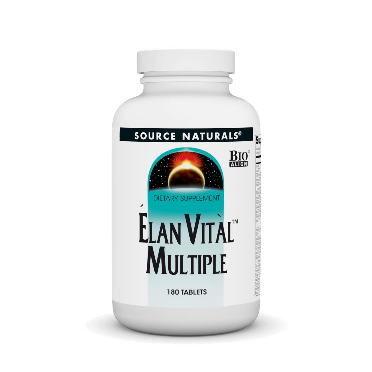 Source Naturals Elan Vital Multiple – bouteille intimiste montrant le flacon et les comprimés, soutien énergie
