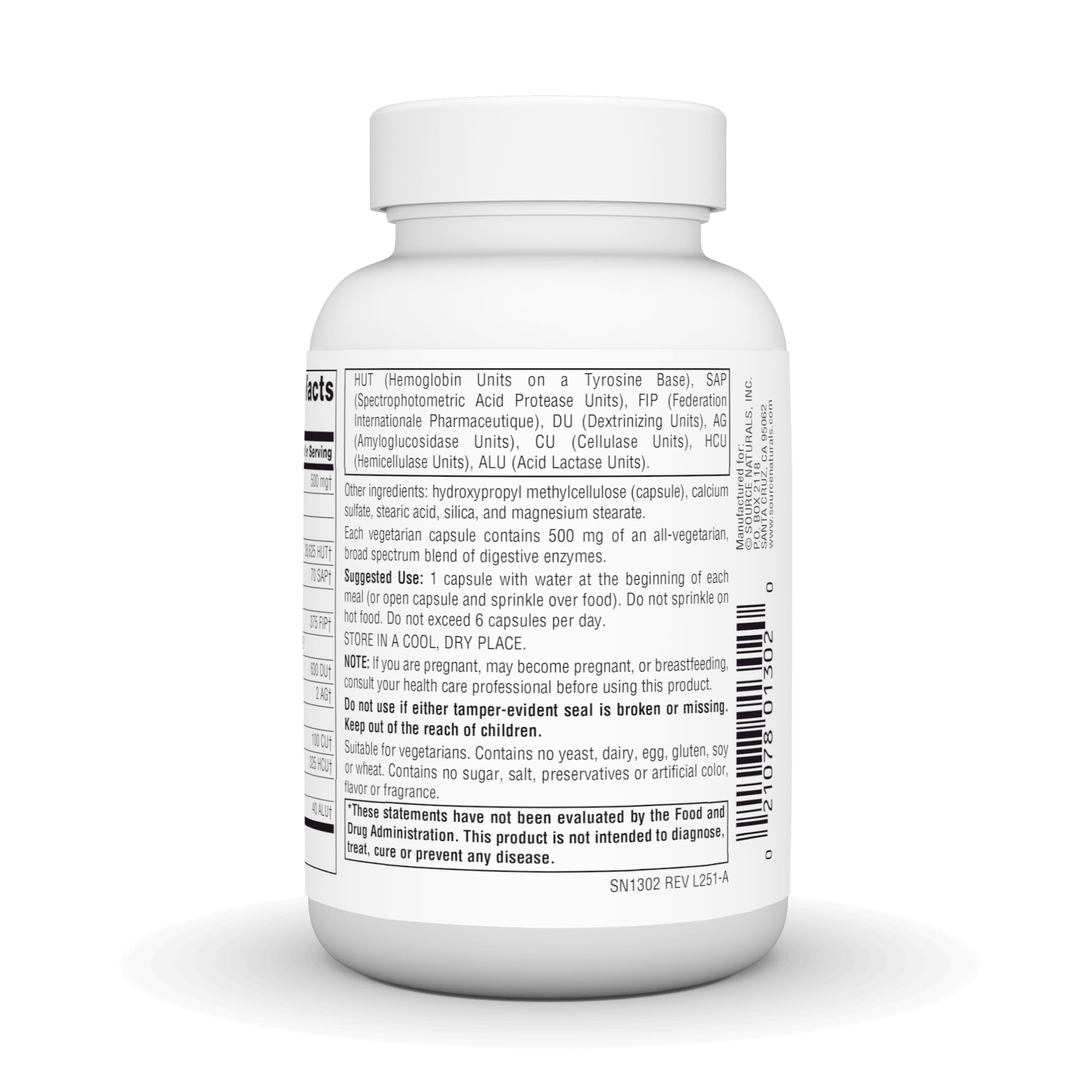 Source Naturals Essential Enzymes – étiquette sans allergènes: pensé pour les personnes sensibles.