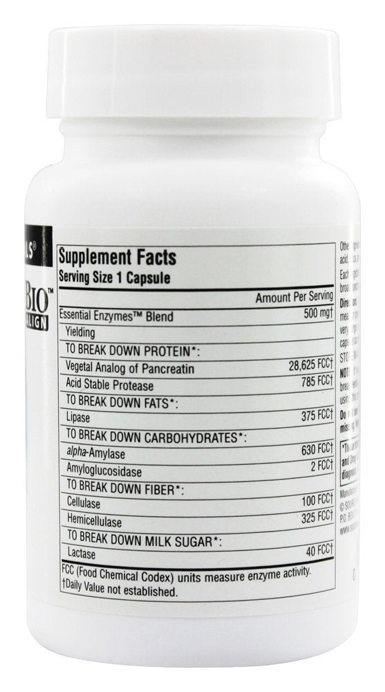 Source Naturals Enzymes Essentiels Végétariens 500 mg — emballage clair et informatif