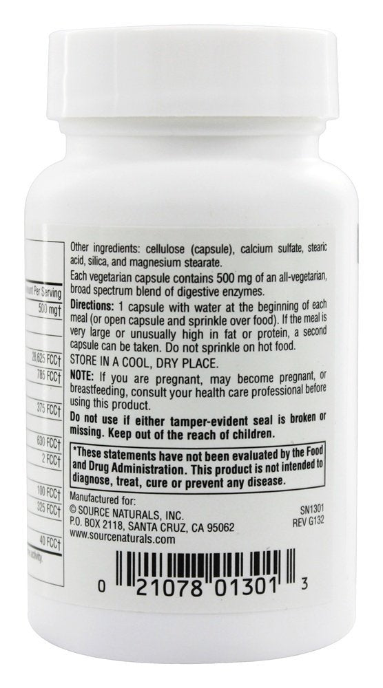 Source Naturals Enzymes Essentiels Végétariens 500 mg — prise avec repas pour soutien digestif