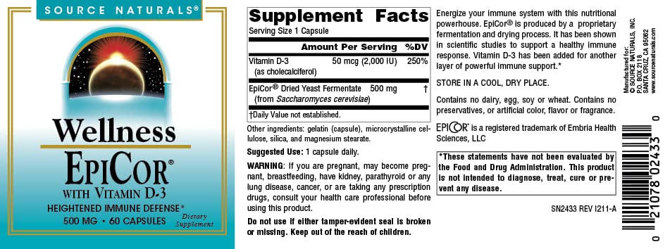 Source Naturals epiCor etiquette d'emballage claire et fabrication américaine.