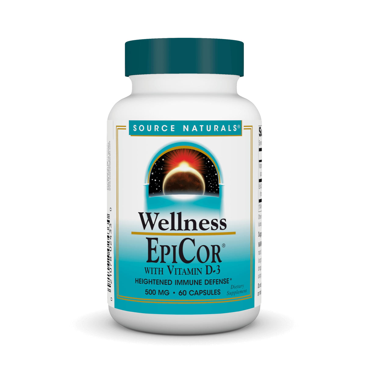 Source Naturals epiCor bouteille et 60 capsules pour une prise quotidienne pratique.