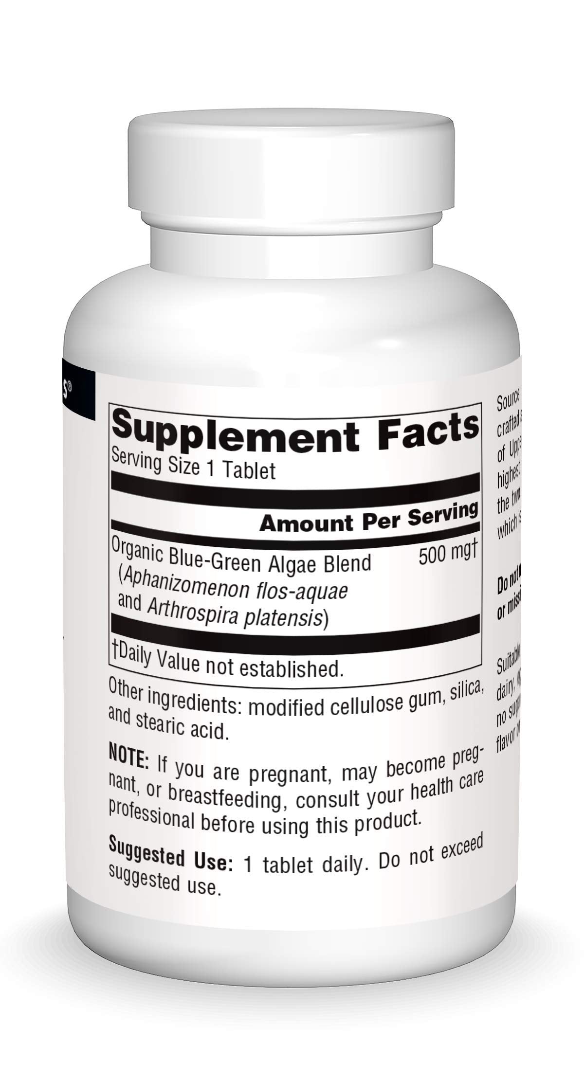 Source Naturals étiquette algue bleue, rappel des principes véganes et sans allergènes.