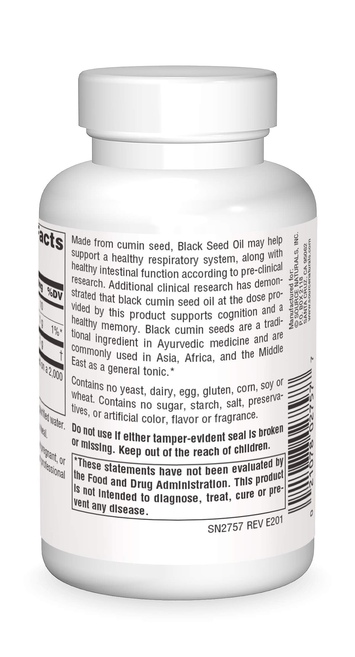 Source Naturals étiquette caplets cumin noir indiquant les informations sans allergènes.