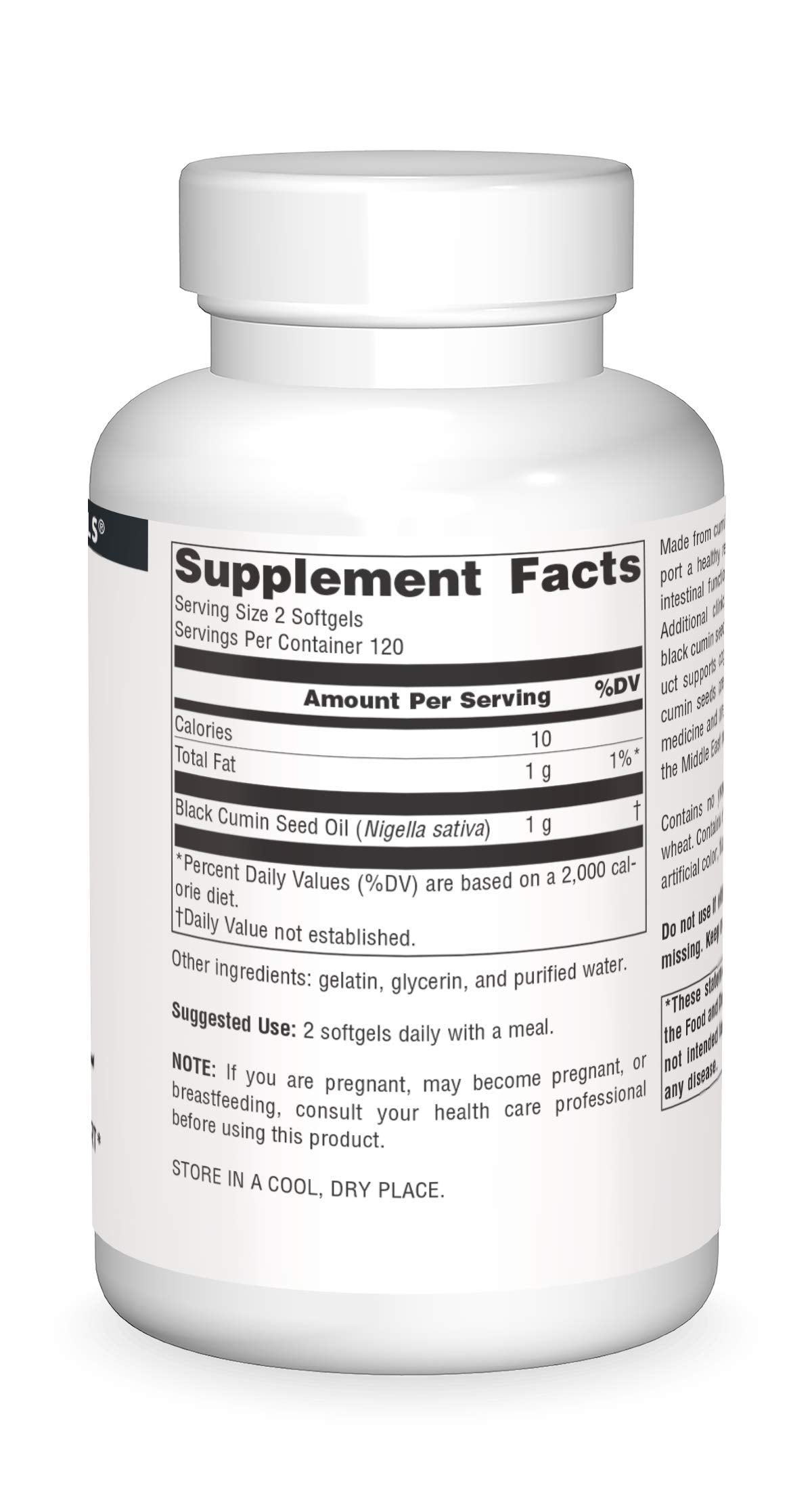 Étiquette Source Naturals huile cumin noir, informations claires