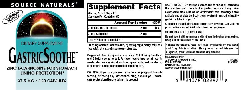 Source Naturals GastricSoothe, étiquette sans allergènes majeurs.
