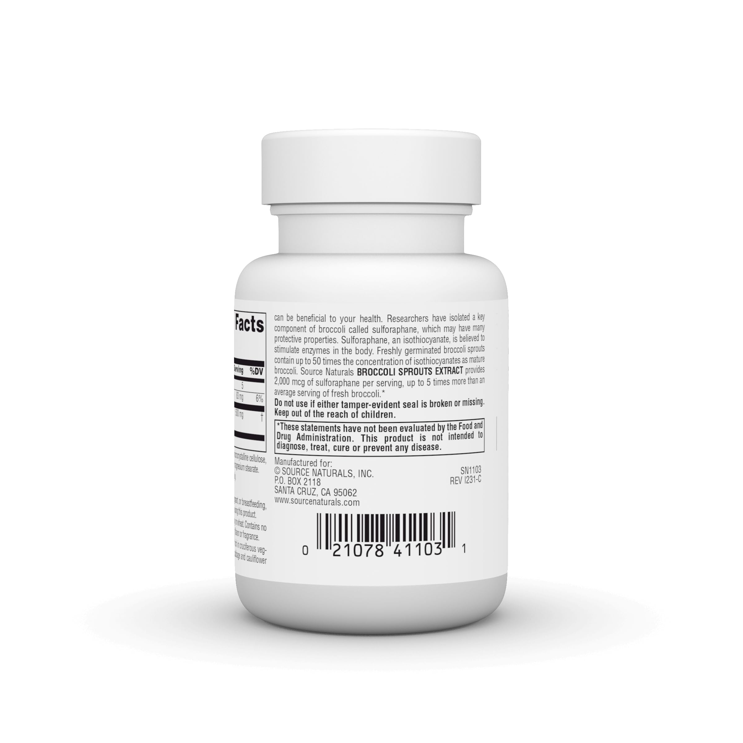 Source Naturals Extrait germes brocoli – ingrédients visibles et utiles.