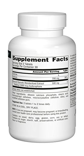 Étiquette du produit Source Naturals Broccoli Sprout Extract affichant sulforaphane et caractère végétarien.