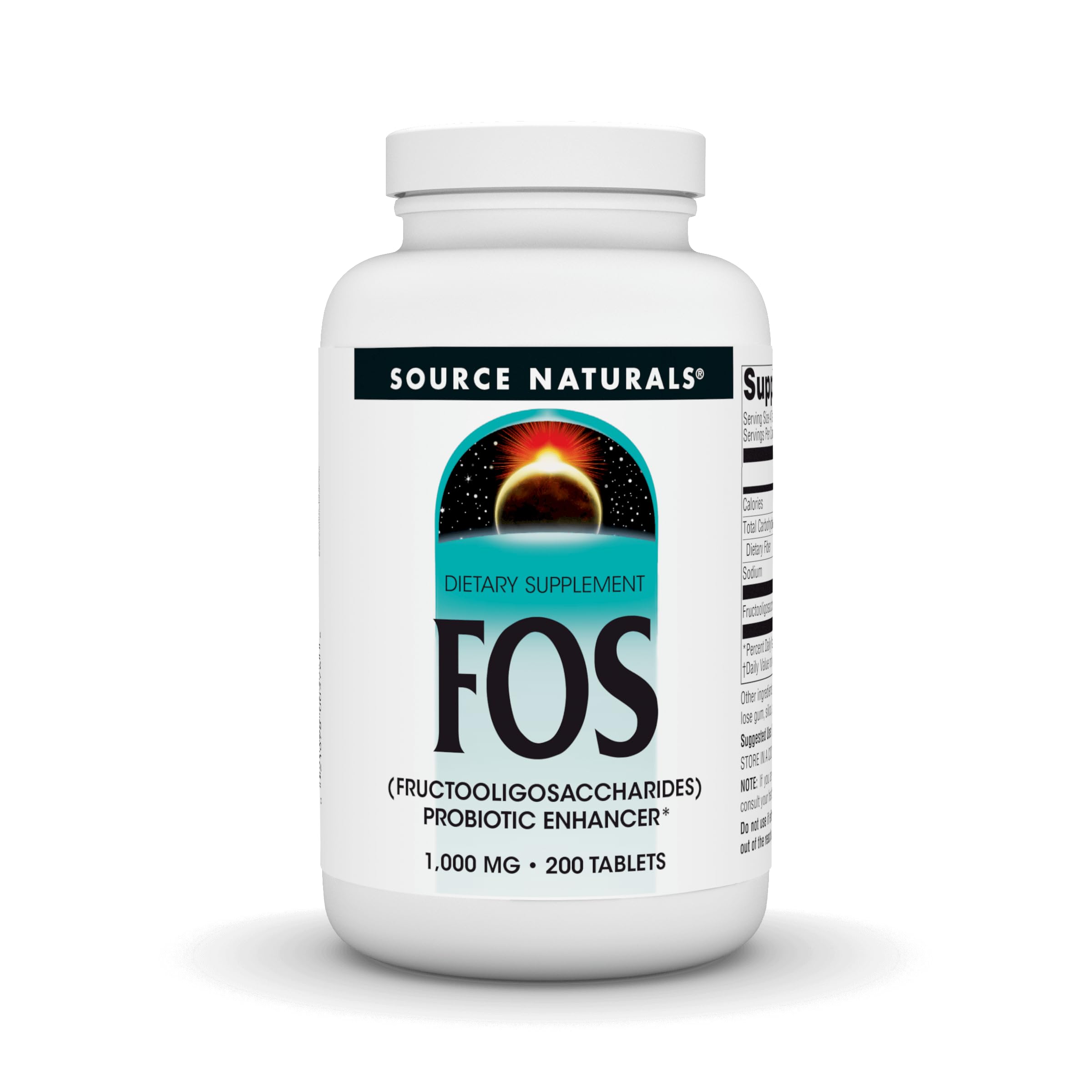 Source Naturals FOS: bouteille de comprimés prête à soutenir la flore intestinale.