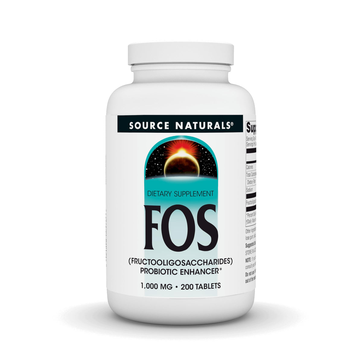 Source Naturals FOS: bouteille de comprimés prête à soutenir la flore intestinale.
