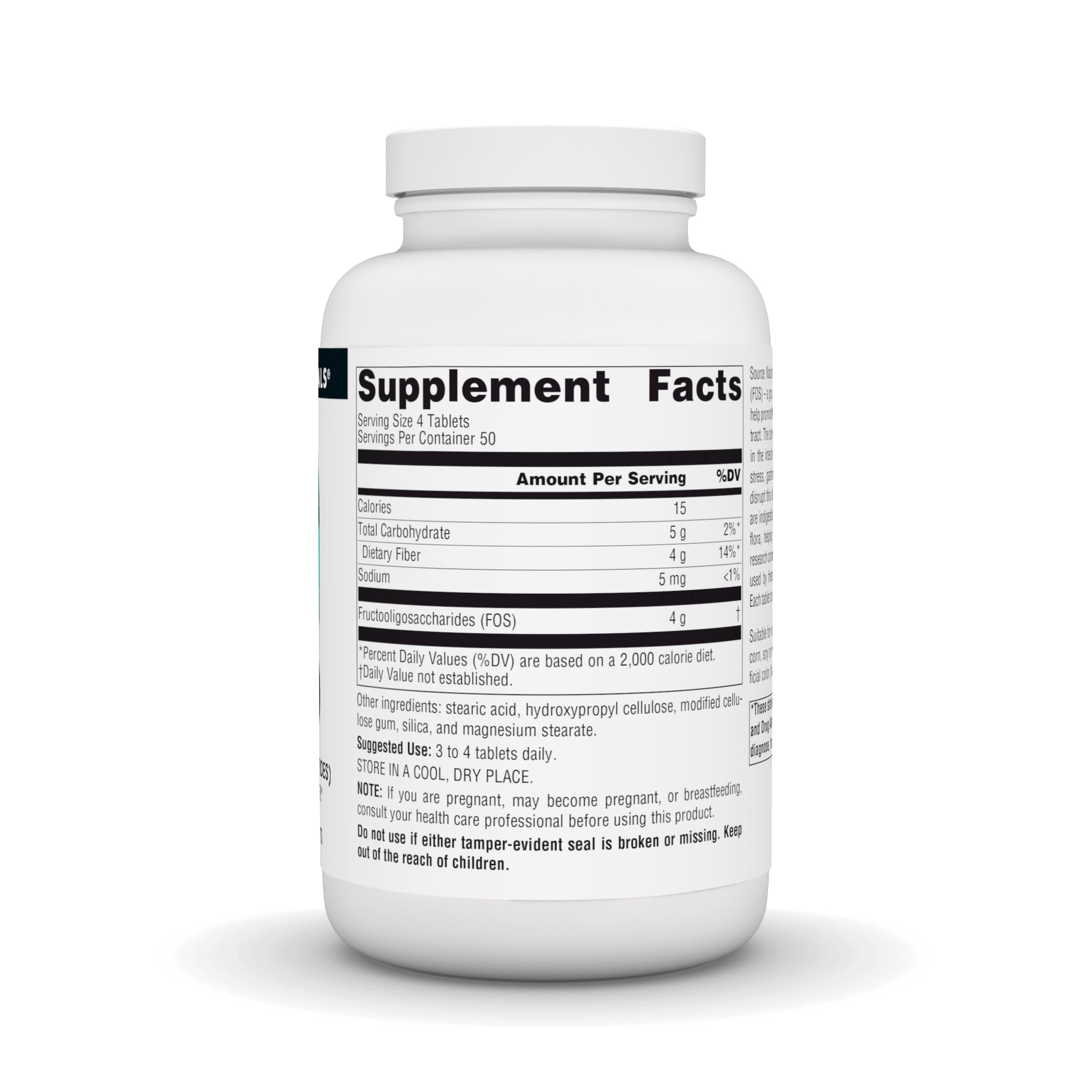Tablettes Source Naturals FOS en gros plan, usage quotidien possible pour le confort de l'intestin.