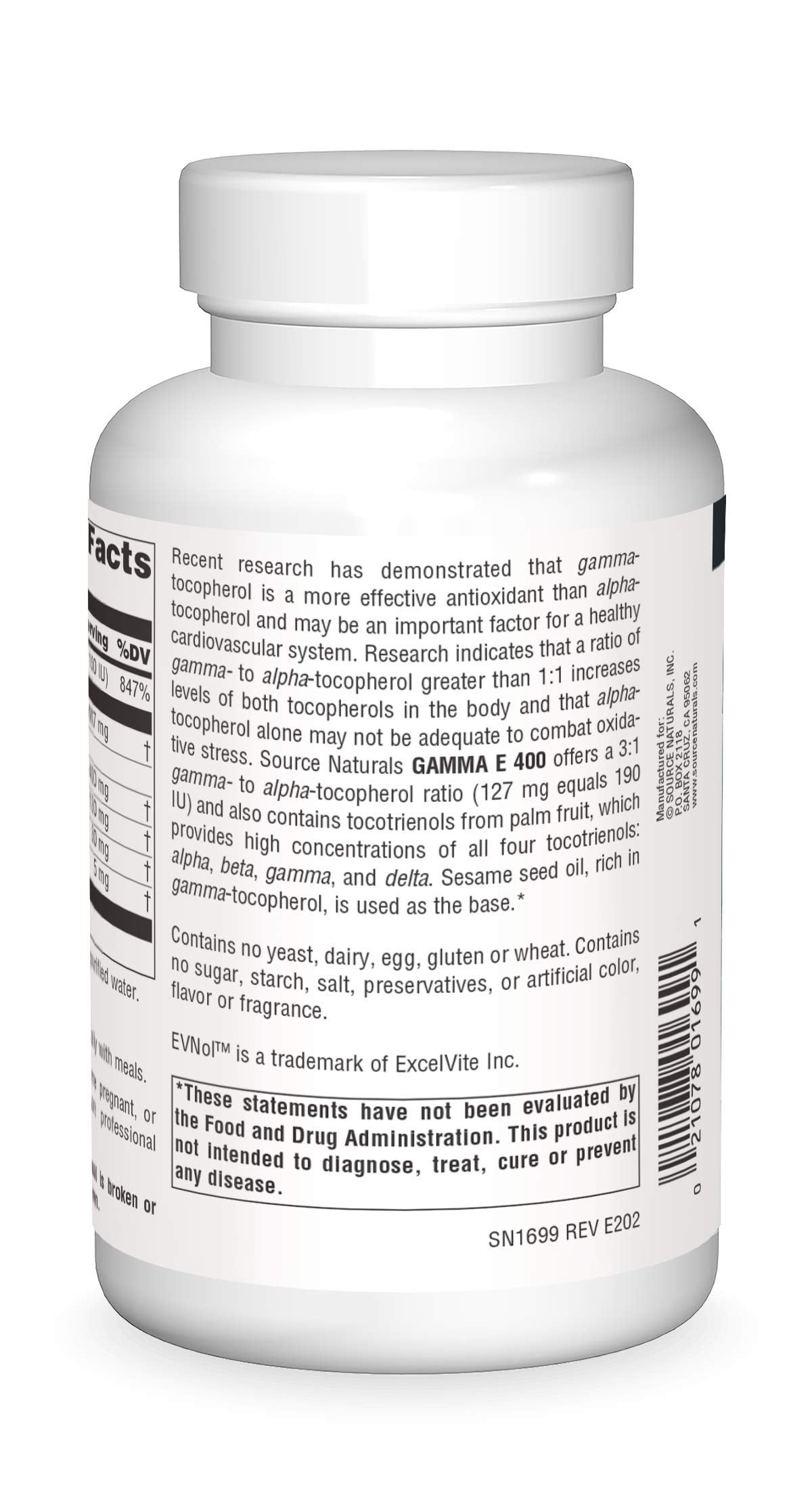 Source Naturals Gamma E Complex, emballage visible, soutien potentiel du système cardiovasculaire.
