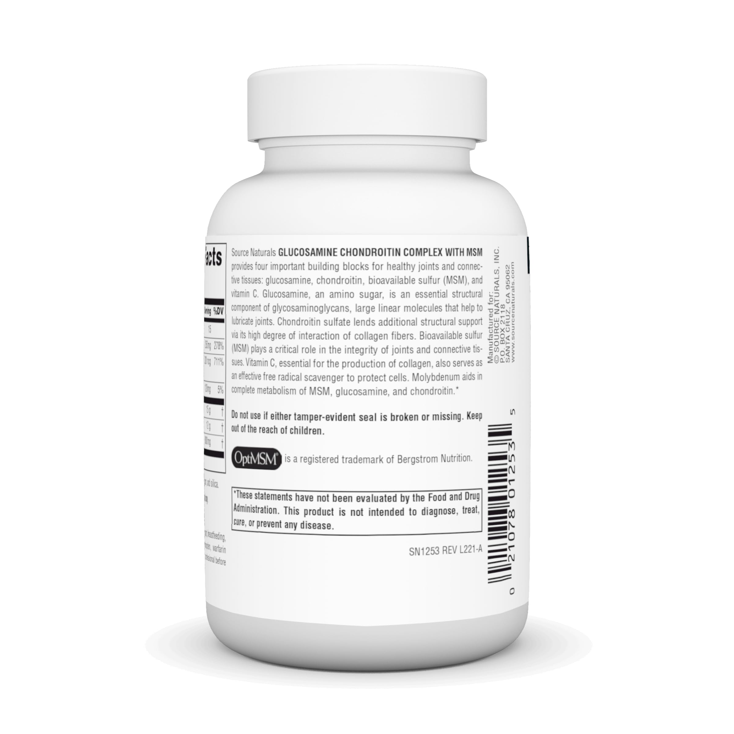 Capsules Source Naturals glucosamine chondroitin msm faciles à ingérer avec repas.