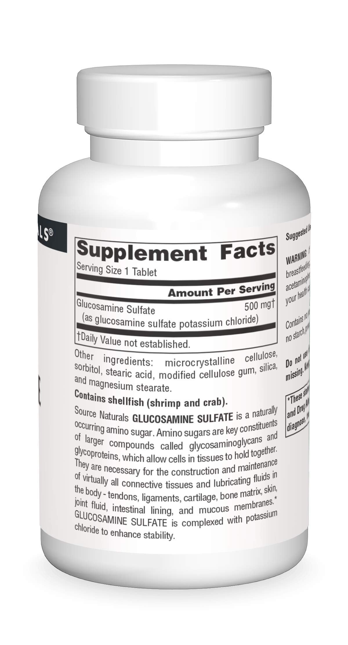Étiquette Source Naturals Glucosamine Sulfate affichant les ingrédients et allergènes.