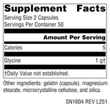 Capsules Glycine Source Naturals en gros plan, texture et forme visibles