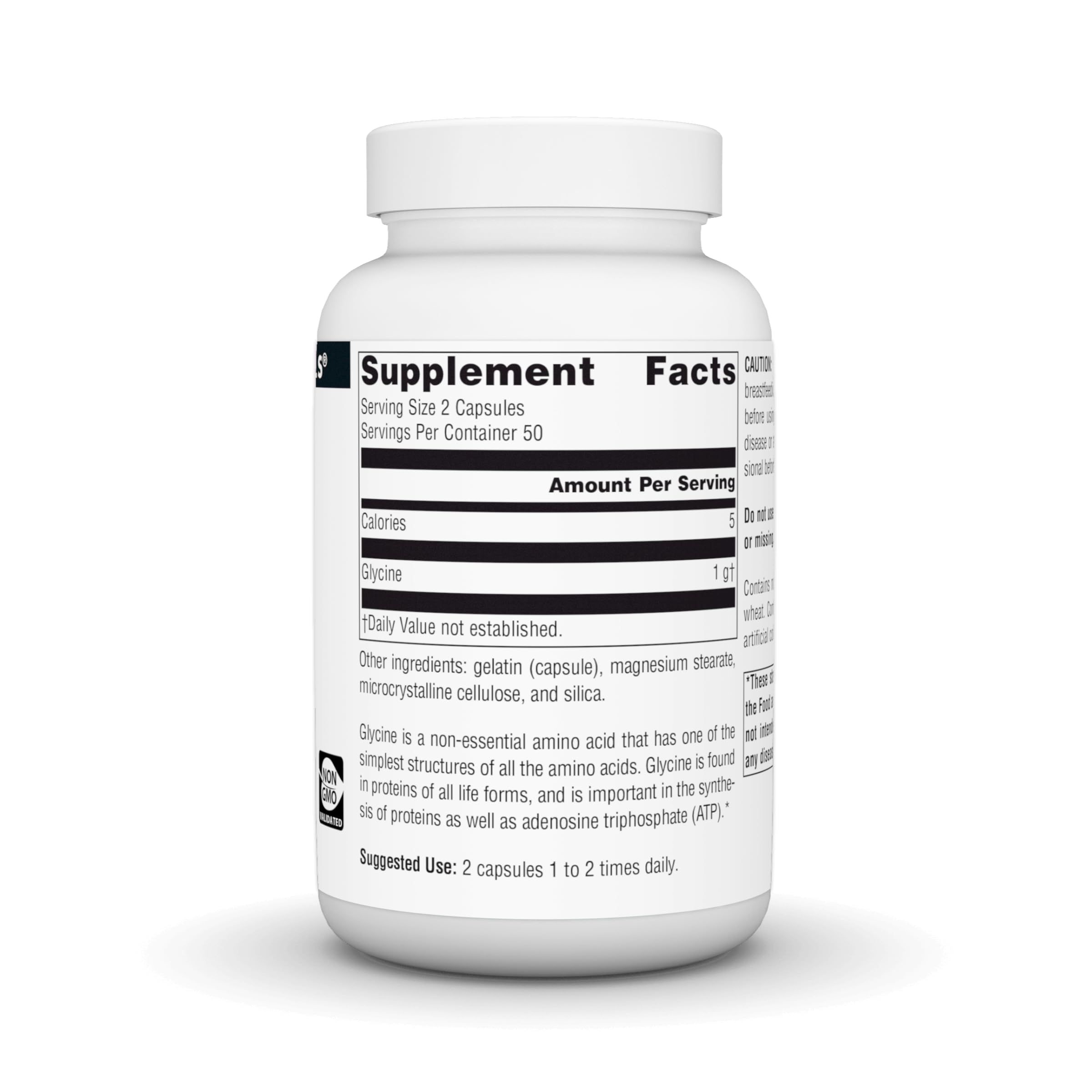 Etiquette Source Naturals Glycine montrant le dosage et les informations produit