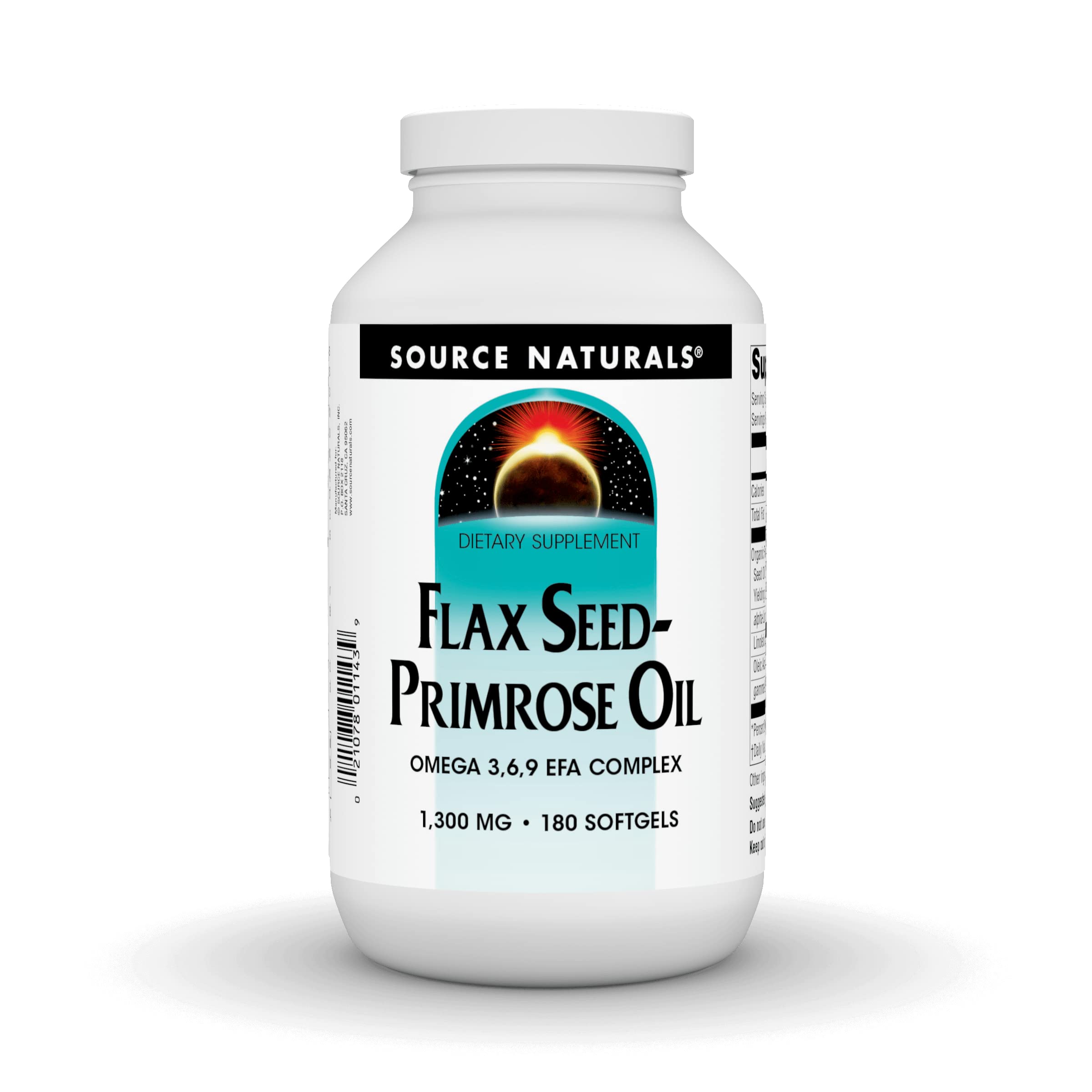 Source Naturals huile lin-primrose, flacon montrant les capsules et les EFAs essentiels